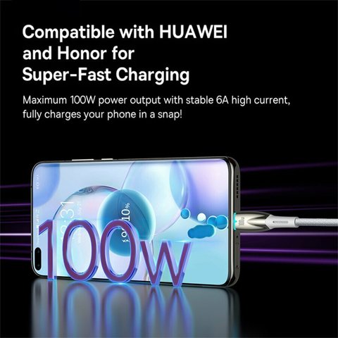 USB Cable Baseus Glimmer, (USB type-A, USB type C, 100 cm, 100 W, white, nylon braided) #CADH000402 Preview 3