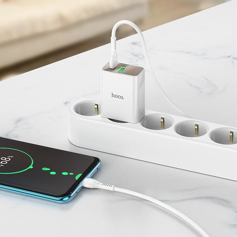 Сетевое зарядное устройство Hoco C100A, 20 Вт, Quick Charge, Power Delivery (PD), белый, с дисплеем, 2 порта, #6931474769800 Превью 4