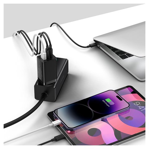 Adaptador de red Baseus GaN5 Pro, 65 W, Quick Charge, negro, con cable USB tipo C - USB tipo C, 3 puertos, #CCGP120201 Vista previa  1