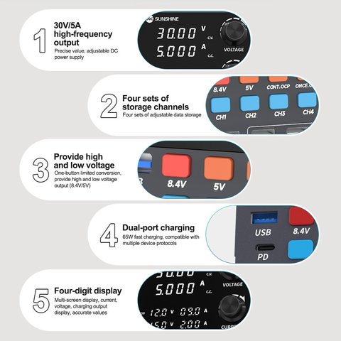Fuente de alimentación (potencia) Sunshine P2 Pro, de cuatro canales, transformador, hasta 30 V, hasta 5 A, indicadores de diodos de luz, 330W Vista previa  6