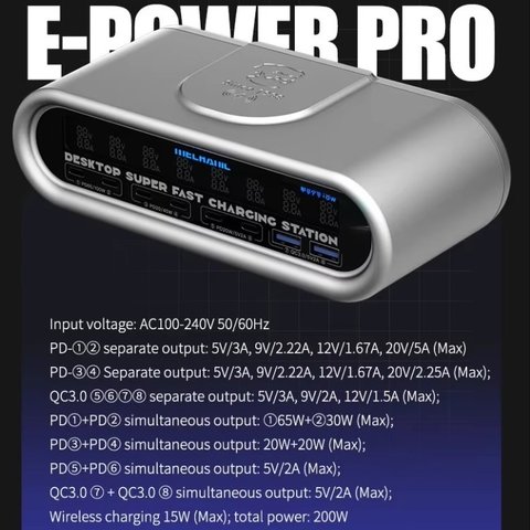Сетевое зарядное устройство Mechanic E-Power Pro, 200 Вт, Quick Charge, Power Delivery (PD), с беспроводной зарядкой, 8 портов Превью 1